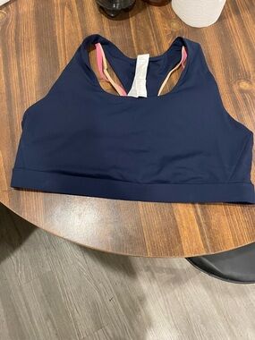 Fabletics Navy Sports Bra with Pink and Tan Straps